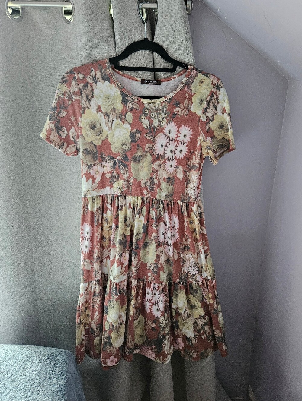 Floral Tiered Short-Sleeve Knee Length Dress - Rust & Cream Floral